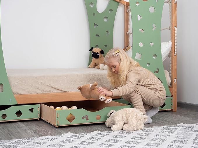 BUSY WOOD Monkey Bed – Twin Frame with Storage & Foldable Table – Montessori Indoor Playground – Jungle Gym Furniture for Kids – Toddler Sleeping Frame with 3 Drawers