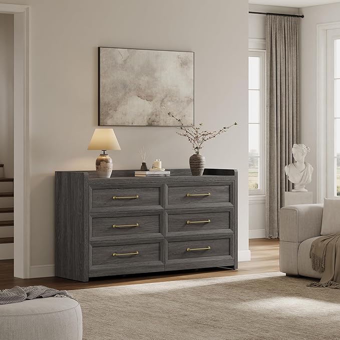 SICOTAS 6 Drawer Dresser for Bedroom-56.4" Extra-Wide Wooden Chest of Drawers with Large Storage, Long Dresser TV Stand with Drawers, Modern Closet Dressers for Nursery Living Room, Dark Grey Oak
