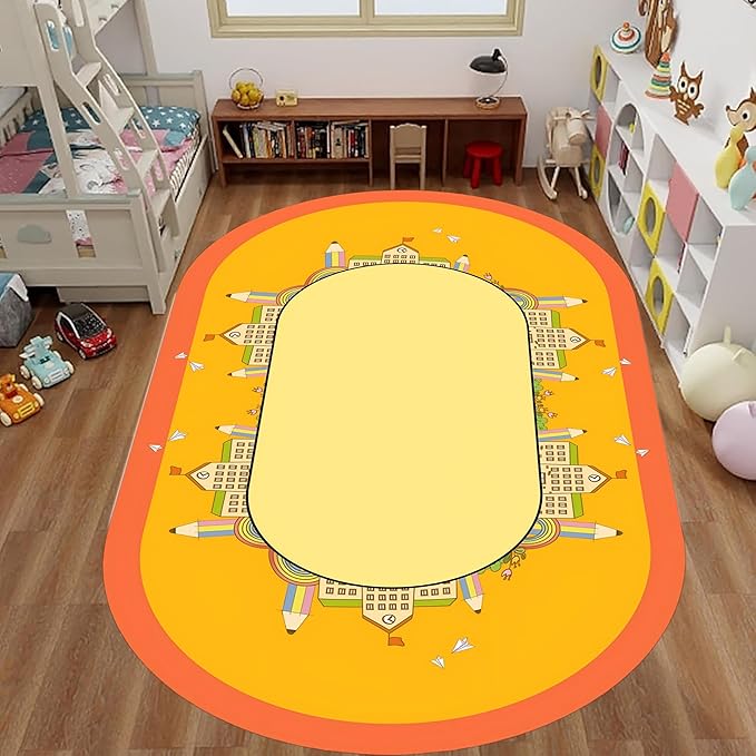 Educational Kids Rug 5x6ft Oval -Yellow Pencil School Theme Play Mat - Non-Slip Washable Learning Rug for Playroom, Bedroom, Nursery, Classroom Decor
