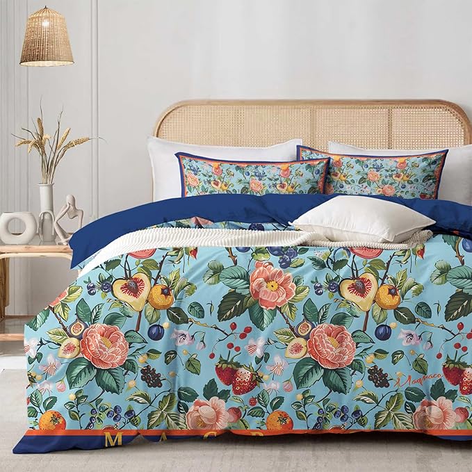 MAGRACE King Duvet Cover Ultra Soft Luxury 100% Cotton Cute Floral Comforter Cover Set, Breathable and Durable, Textured Duvet Cover with Pillow Shams
