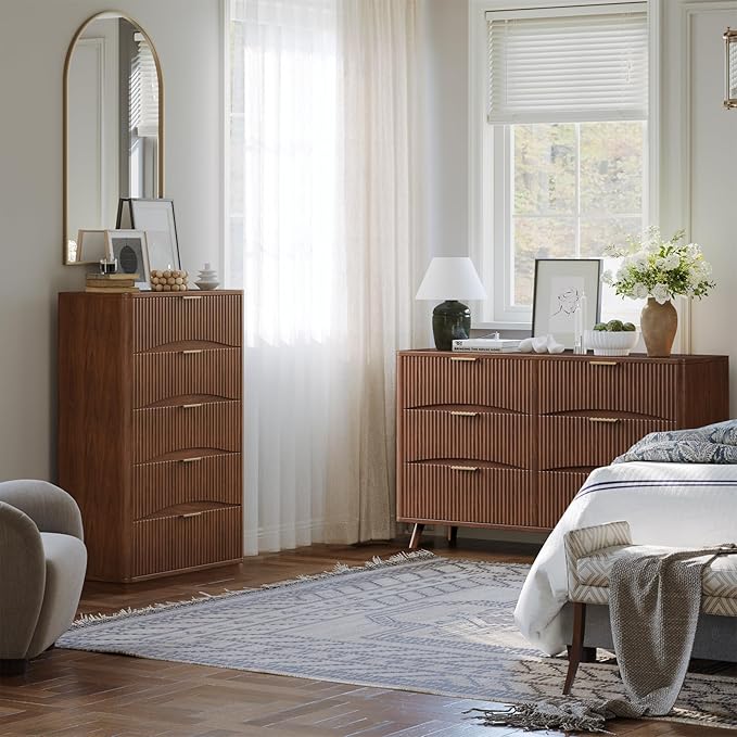 Evermagin Fluted 5 Drawers Dresser, 47" Tall Wooden Dressers Storage Organizer,Modern Chest of Drawers for Bedroom with Deep Storage, Living Room,Entryway, Walnut