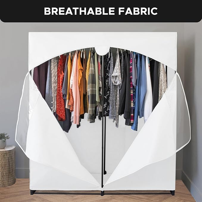 HOLDN’ STORAGE Portable Wardrobe Closet - 65 lb Large Capacity, Internal Heavy Duty Metal Rod, Zipper & Clear Window, Durable Clothes Organizer, Tool-Free Easy Assembly, White Canvas Cover