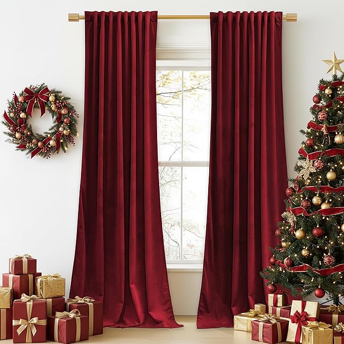 StangH Red Velvet Curtains 52x105 inches Long for Living Room, Thermal Insulated Room Darkening Drapes for Bedroom Home Theater, Christmas Decor Back Tab, 2 Panels