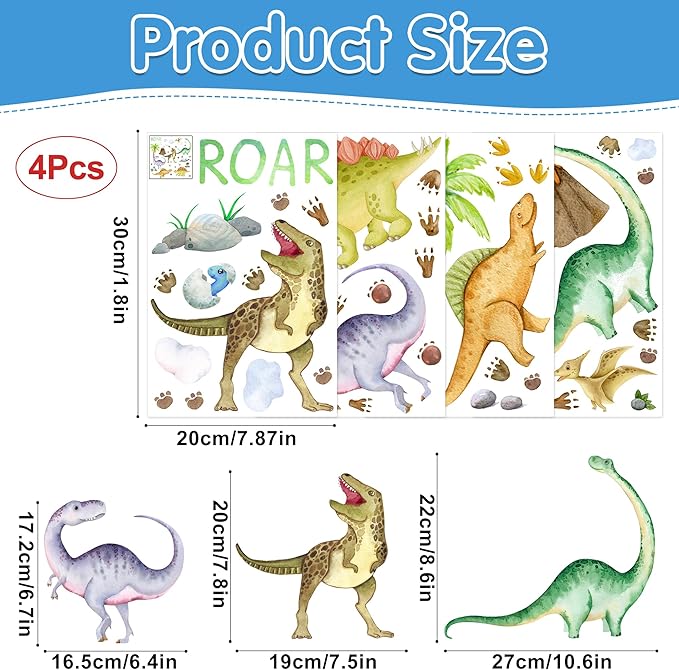 Sinekong Dinosaur Wall Decals Glow in The Dark Vinyl Watercolor Dinosaur Decal Large Removable Dino Wall Stickers for Boys Bedroom Kids Girls Baby Nursery Playroom Living Room Wall Decor