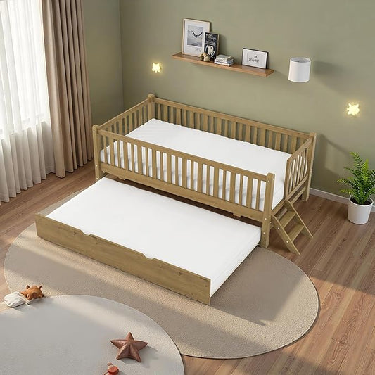 LUMISOL Twin Size Low Platform Bed Frame with Trundle, Wood Floor Bed with Ladder & Fence Guardrail for Kids Teens Girls Boys, No Box Spring Needed, Walnut