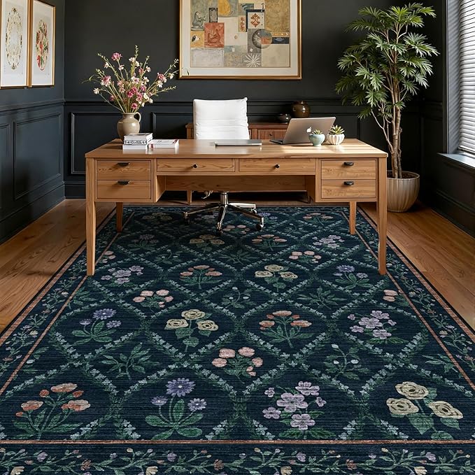 5x7 Washable Area Rug, Non Slip Vintage Floral Rug for Bedroom, Ultra-Thin Stain Resistant Floor Carpets Rugs for Living Room Dining Room Home Office,Dark Blue