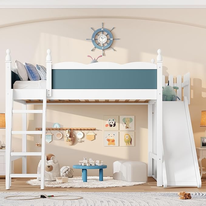 SOFTSEA Full Size Loft Bed with Slide & Storage, Wood Loft Bed with Open Shelves and Cabinet, High Lofted Bed with Convertible Slide and Ladder for Kids Teens Adults, Blue + White