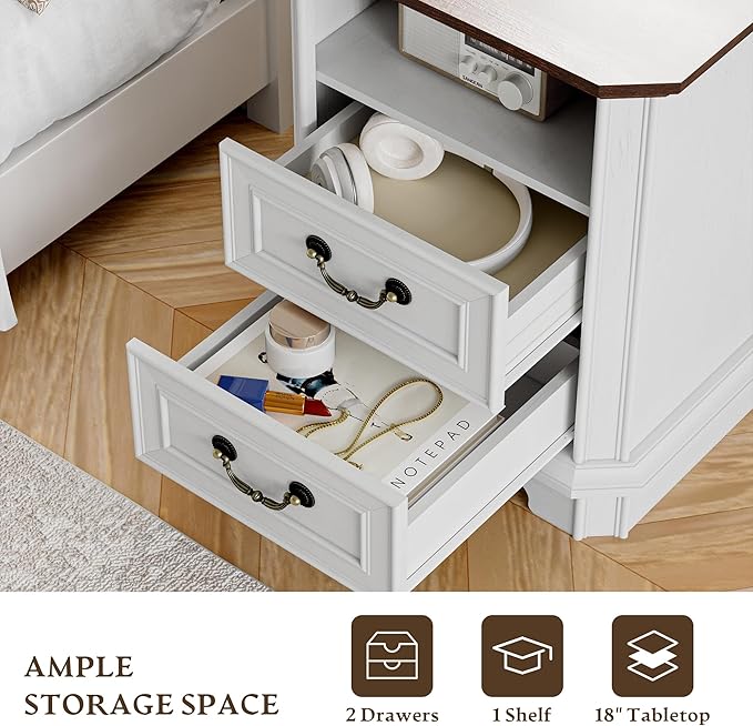 Farmhouse Nightstand with Charging Station, 18" Side Table with 2 Storage Drawers, Rustic Wood Night Stand with Metal Handle, Wooden Bedside End Table Small Dresser for Bedroom, Living Room, White