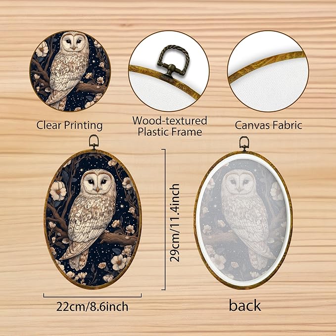 Hiuwevt Enchanted Forest Owl Oval Wall Art Decor, Mystical Whimsical Owl Framed Canvas Prints, Dark Cottagecore Animal Oval Wall Hanging Decor for Home Gallery Decorations, 8.6x11.4 Inches