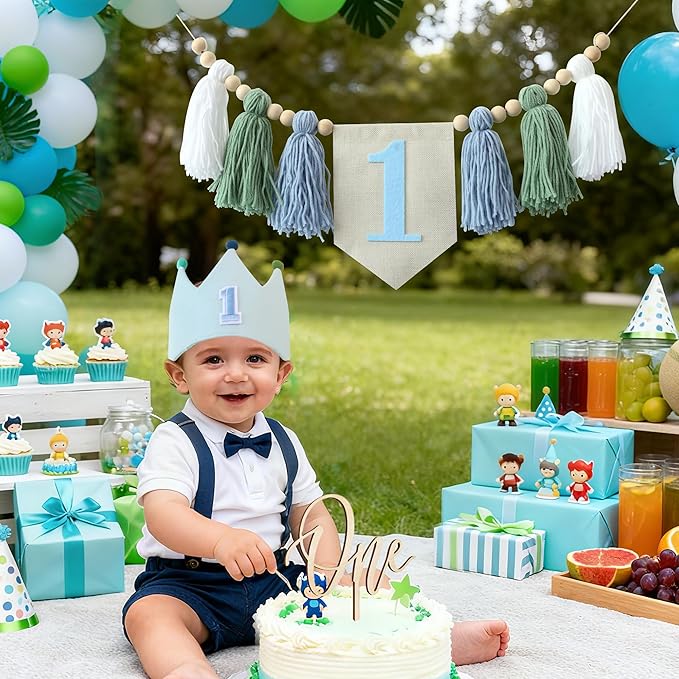 Baby 1st Birthday Party Decorations For Handmade Tassel Garland Highchair Banner With One Cake Topper Blue Crown Hat