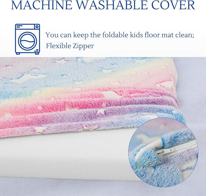 MeMoreCool Kids Floor Futon Mattress, Play Mat Muscle Mat Large 6x4 FT, Thicken Foam Tatami Mattress for Children Play Area, Foldable Sleeping Crawling Pad for Playroom, Rainbow Unicorn