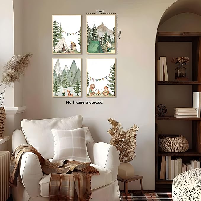 Kousne Woodland Adventure Nursery Canvas Wall Art Set of 4 Camping Animal Prints BearFox Rabbit Hiking PostersForest Mountain Themed Kids Room PictureNature Exploration Wall Decor Frameless 8x10In ﻿