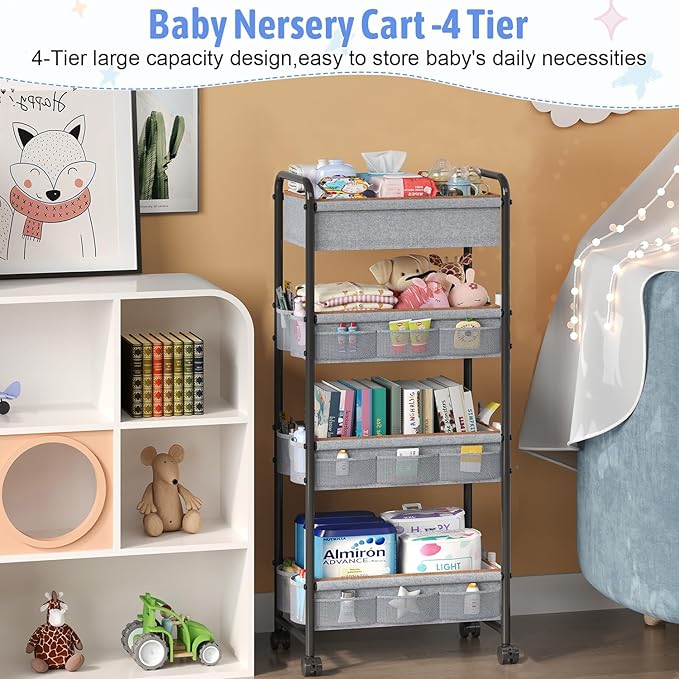 4-Tier Rolling Storage Cart,Baby Diaper Caddy Cart Organizer, Nursery Baby Dresser Organizer with Wheels,with 2 Dividers & 21 Mesh Pockets，Metal Utility Cart for Nursery,Bedroom,Bathroom