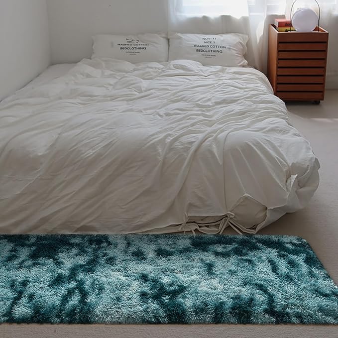 DweIke Fluffy Peacock Blue Runner Rugs for Bedroom, 2x6 Feet Soft Plush Long Runners for Girls Boys Kids, Non-Slip and Machine Washable Bedside Rug, Small Throw Carpet for Hallway Rooms Decor