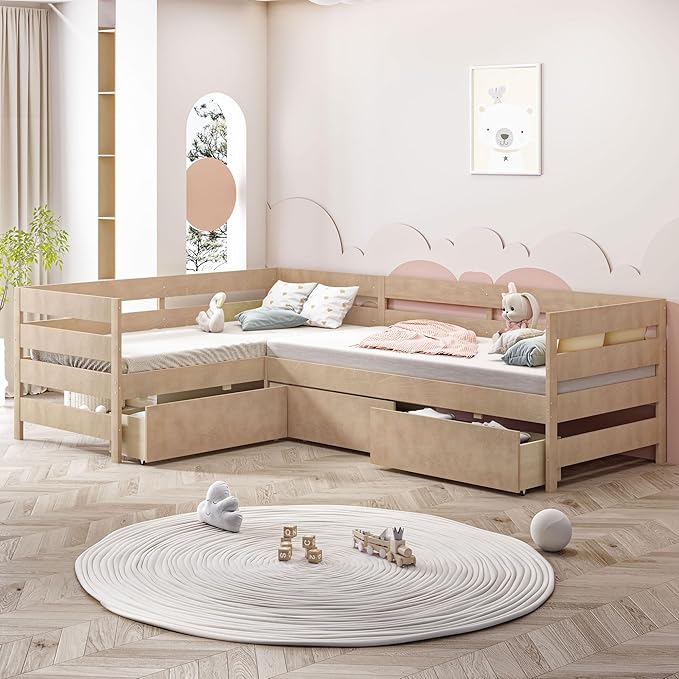Twin Size L-Shaped Platform Bed for 2, Wood Kids Platform Bed Frame with 3 Storage Drawers and Guardrail for Boys Girls, Sturdy Slats Support (Natural-2.28)