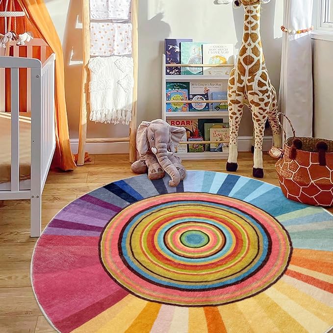 Kids Rug 5Ft Round Colorful Girls Bedroom Carpet Circle Sun Rug Rainbow Nursery Mat Modern Abstract Playroom Bedside Area Rug for Children Indoor Home Decor