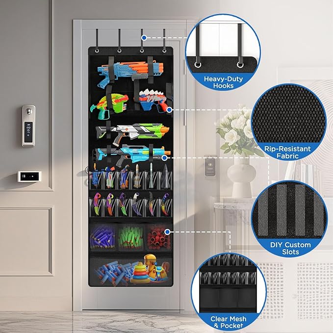 Over the Door Organizer for Toy Guns, Hanging Toys Storage with Clear Pockets and Slots for Kid Toy Guns, Claw Knife and Darts, Over the Door Storage for Kids Room and Game Room, Black