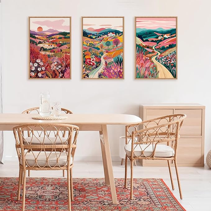 HLNIUC Boho Colorful Wall Art, Floral Mountain Framed Decor(24"x36"), Abstract Wildflower Nature 3 Piece Canvas Painting, Botanical Sunset Forest Art Print for Living Room, Bedroom, Office