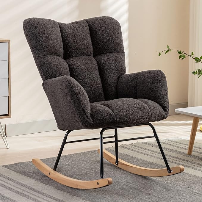NIOIIKIT Nursery Rocking Chair Teddy Upholstered Glider Rocker Rocking Accent Chair Padded Seat with High Backrest Armchair Comfy Side Chair for Living Room Bedroom Offices (Dark Grey)