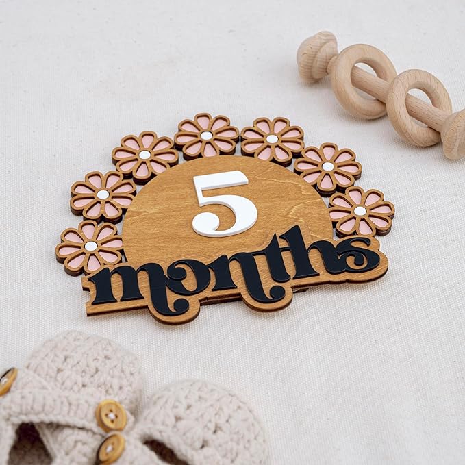 Wooden Baby Monthly Milestone Set, Floral Newborn Age Tracker with Numbers and Months Weeks Signs, Layered Wood Photo Prop for Baby Monthly Picture