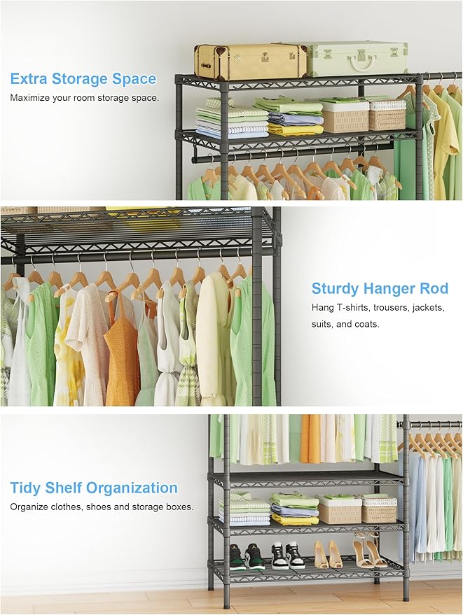Ulif E11 Heavy-Duty Garment Rack, Metal Freestanding Clothes Rack and Closet Storage Organizer System with 8 Shelves and 4 Hanger Rods, (73.2 - 97.6)"W x 14.5"D x 71.2"H, Load 1034 LBS, Black