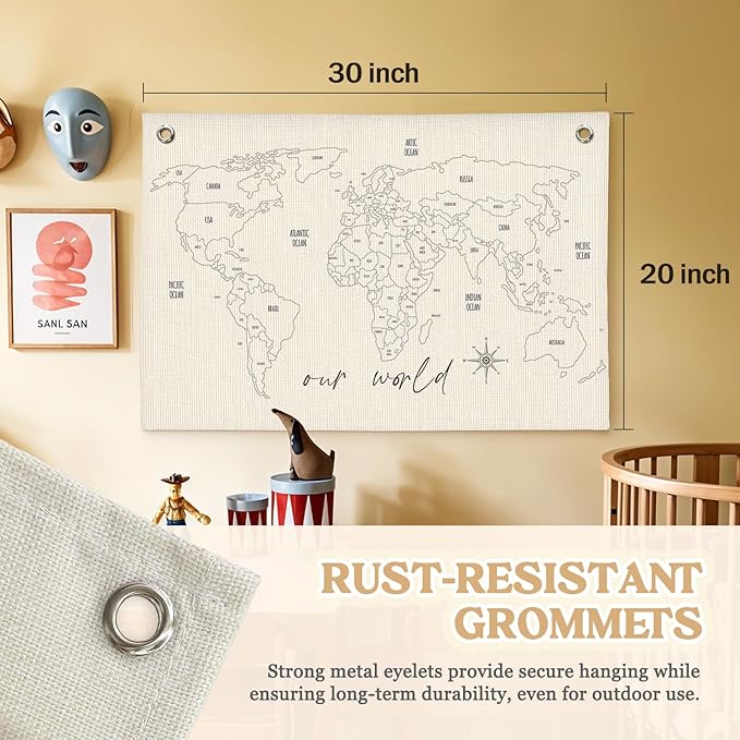 MOFUYU World Map for Kids Canvas Banner - World Maps for Wall, Kids Room Wall Decor, Adventure Nursery Hanging Sign, Geography Learning for Playroom and Bedroom 30x20 Inch
