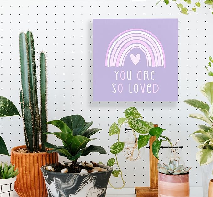 SRADMO You Are So Loved Rainbow Heart Wood Box Sign Desk Decor, Kids Inspirational Quotes Wooden Block Box Sign Decoration for Kids Room Nursery Shelf Table Decorative Accessories (Purple), 8x8 Inches
