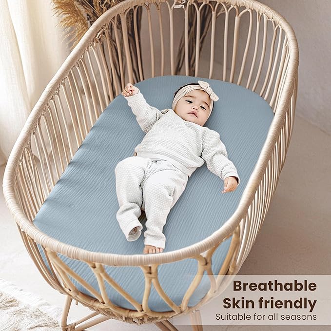 Konssy 2 Pack Muslin Bassinet Sheets for Baby Boy, 100% Cotton Soft Breathable Bassinet Mattress Sheets Fit for Hourglass Oval Cradle Rectangle Mattress (Star,Blue)