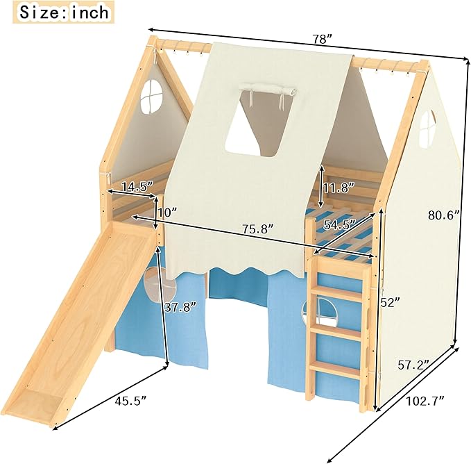 Playhouse Design Full Size Loft Bed with Slide & Tent, Solid Wood Tent Bed Frame for Kids Boys Girls, Versatile Spacious Under Bed Space, Chic Design with Lights (Natural+Blue-Full)