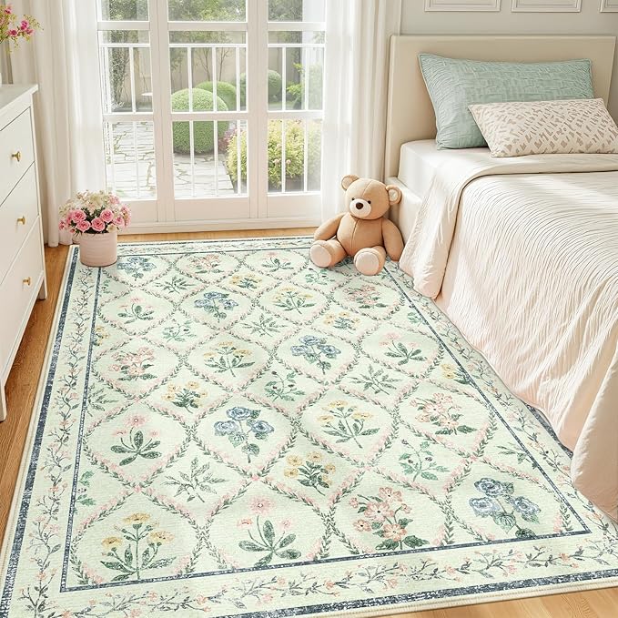 Green Nursery Rug for Baby Girl, 5x7 Washable Boho Floral Area Rug for Living Room, Cute Ultra-Thin Non Slip Indoor Girls Room Decor Carpet for Nursery Kids Room Bedroom Playroom Dorm