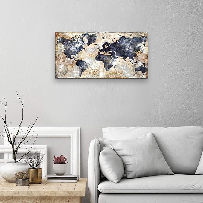 Vintage World Map Wall Art for Office World Map Poster Canvas Prints with Your Photos Nautical Decor Modern Framed Art Map of The World Wall Decor for Living Room Travel Memory Home Decor