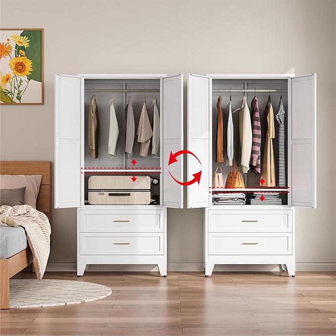 Metal Wardrobe Closet Cabinet with Drawers,71" H Large Bedroom Armoires with Shelves and Hanging Rod,Wardrobe Storage Cabinet with 2 Doors, 1 Adjustable Shelf and Drawers (2Drawer, White)
