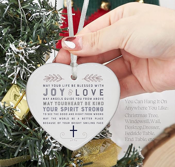Heart Shaped Christmas Ornament-Godchild Blessing Keepsake-Gift from Godmother Godfather for Christening Baptism Birthday-May Your Life Be Blessed with Joy and Love