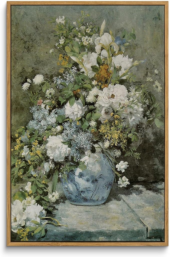 ARPEOTCY Framed Canvas Print Wall Decor, Vintage French Flower Spring Botanical Wall Art Home Decor, Ceramic Vase Floral Farmhouse Large Oil Painting for Living Room, Office Decoration, 16x24 inch