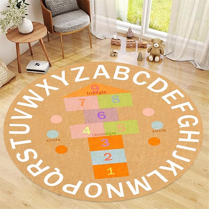Children's Game Round Rug,5ft,ABC Alphabet Rug, Fun and Educational Hopscotchrug, Soft Non-Slip Children's Room Rug for Classroom, Nursery, Playroom, Playmat