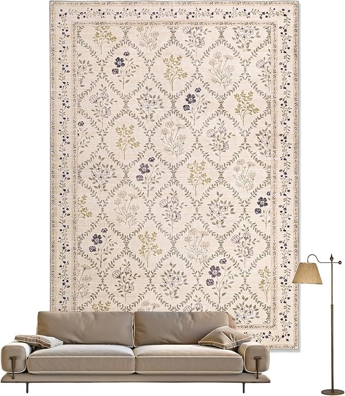 YIHOUSE 5x7 Washable Rug for Bedroom, Beige Floral Rugs for Living Room Non Slip Ultra-Thin Large Boho Rug for Kids Playroom, Classroom, Girls Dorm, Nursery, Beige Multi