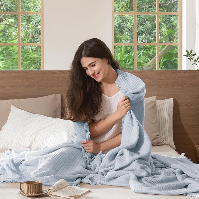 MooMee Muslin Blanket - 100% Cotton 4-Layer Gauze Throw Blanket with Tassels Ultra-Soft Breathable Lightweight Cooling for Bed Couch (Dusty Blue, Queen 90" x 90")