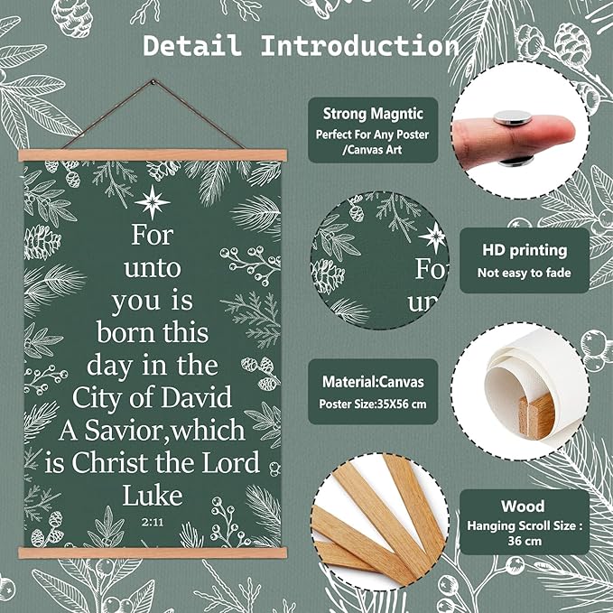 KAIRNE Christmas Wall Art,Christian Poster With Wooden Hanger(13.8”X22”),Green Snow Tree Picture,Xmas Bible Wall Decor,Christmas Gift for Friends Family Living Room Bedroom Farmhouse Decoration