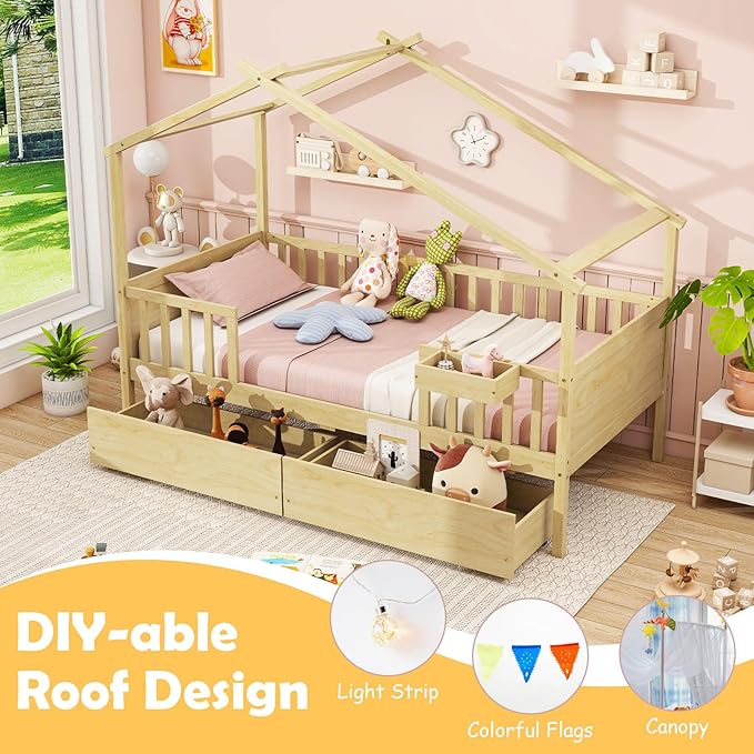 Giantex Twin House Bed with Drawers, Wooden Twin Bed Frame with Cube Storage & Fence Rails, Montessori Beds for Kids Boys, Girls, Bedroom, Living Room, No Box Spring Needed, Natural