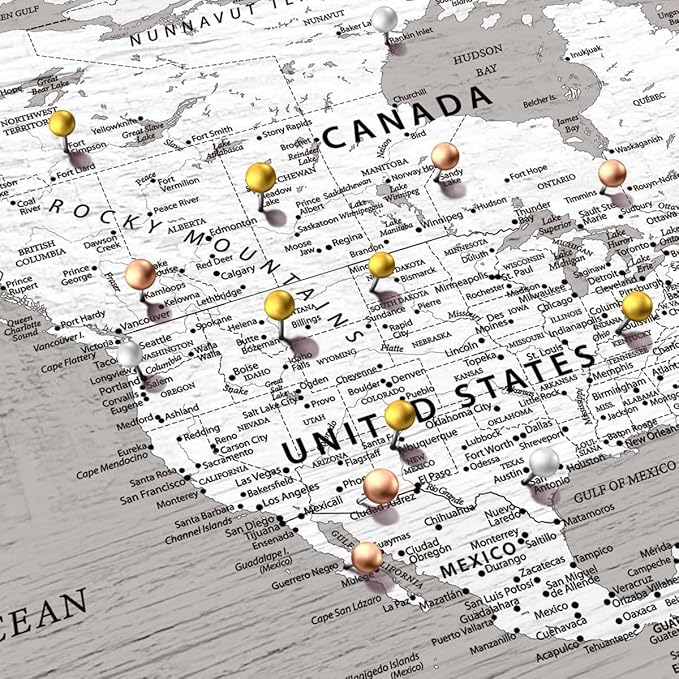 ElephantStock - Let's Travel II Push Pin World Map Wall Art - Horizontal Canvas Wall Art - Living Room Wall Decor - Digital Art Map Canvas Art - Gray And White Decor - 45" x 30"