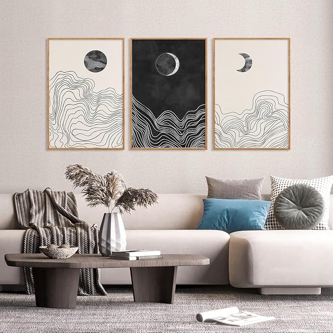 HLNIUC Black and White Abstract Wall Art Set of 3, Large Boho Framed Canvas Decor(24x36), Modern Celestial Sun Moon Painting, Geometric Line Mountain Art Print for Living Room, Bedroom, Office