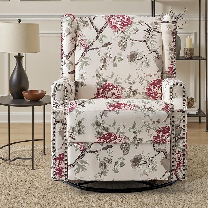UIXE Floral Swivel Glider Recliner Chairs Set of 2, High Back Nursery Rocker Fabric Accent Chair for Living Room, Rivet Trim Upholstered Armchair Manual Reclining Sofa Seating - Beige Floral