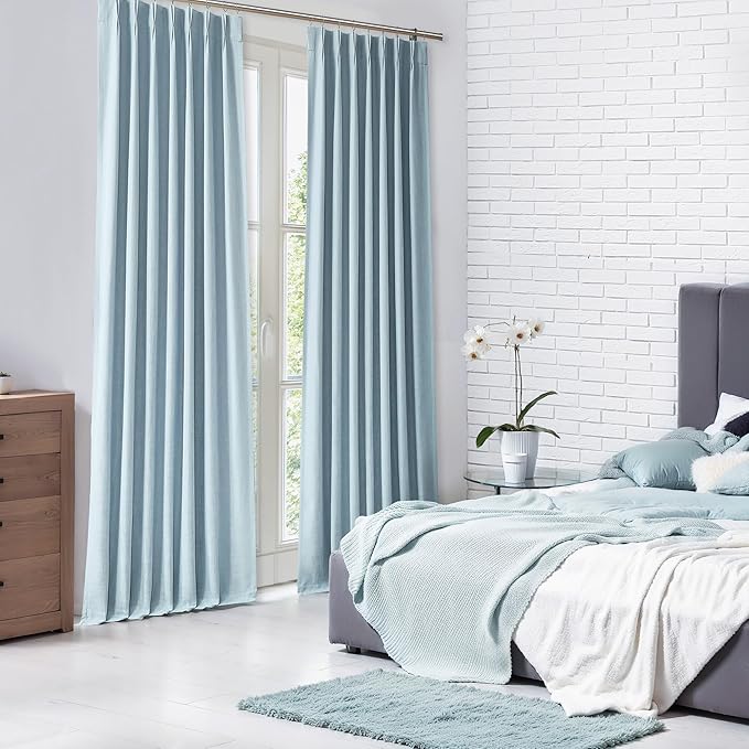 Pinch Pleated Blackout Curtain Panels with Full Blackout Liner Linen Texture Window Treatment Sets with Back Tab for Living Room Bedroom Thermal Insulated Drape with 9 Hooks, 40"x95"x2, Dusty Blue
