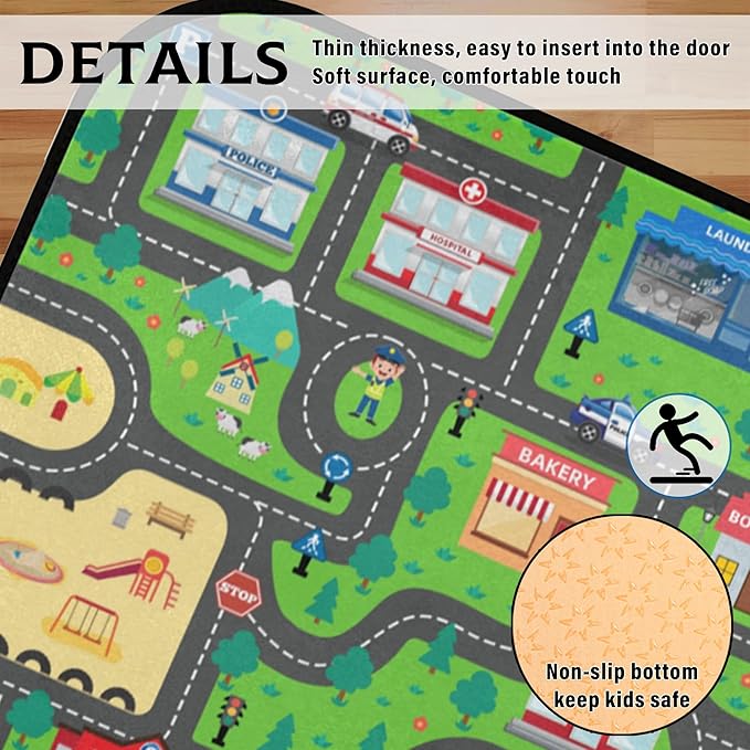 Kids Car Road Play Rug - City Town Map Track Soft Non-Slip 2x3 Ft Carpet Traffic Mat Washable Playroom Bedroom Boys Nursery Educational Area Rug Entrance Mats Classroom Decor (24"x 36")