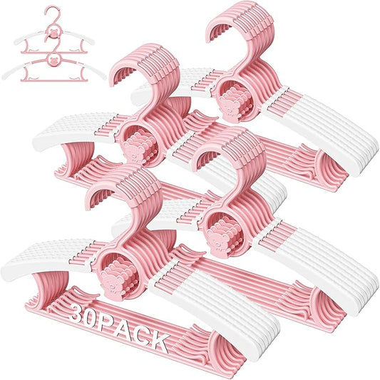 30 Pack Kids Hangers for Nursery Closet, Adjustable Non-Slip Toddler Baby Hangers with Windproof Buckle, 11-14" Infant Child Plastic Clothes Pant Hanger for Boys Girls Newborn Adult, Pink