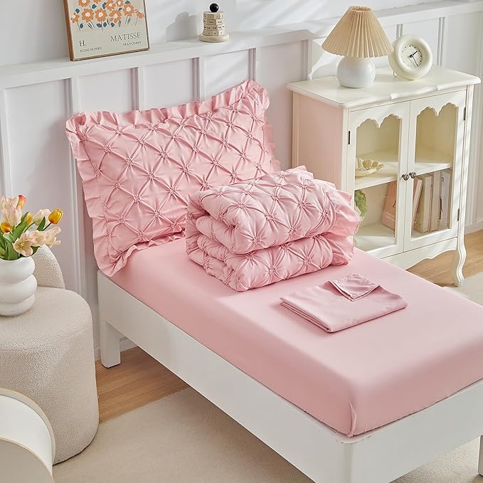 DuShow Princess Toddler Bedding Set for Girls,4 Pieces Ruffles Toddler Bed Set,Ultra Soft Kids Pink Sheet Set Includes Comforter,Flat Sheet,Fitted Sheet and Pillowcase