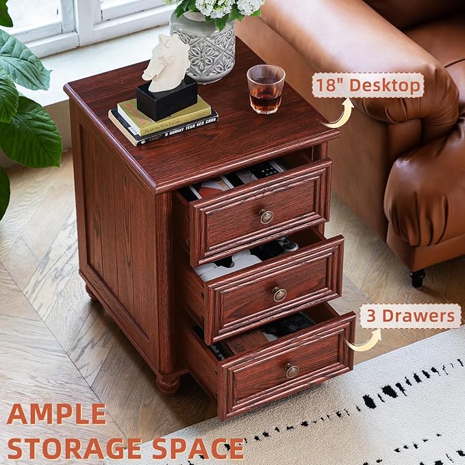 18" Farmhouse Night Stand, Red Oak Wood Nightstand with 3 Drawers, Bedside End Table with Storage and Roman Column, Bed Side Tables Cabinet for Bedroom, Living Room, and Closet