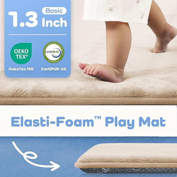 1.3" Thick Baby Floor Play Mat 39x59, Basic Padded Foam Mat for Tummy Time Crawling, Non Slip Cushioned for Babies Toddlers Infants Kids (Beige)