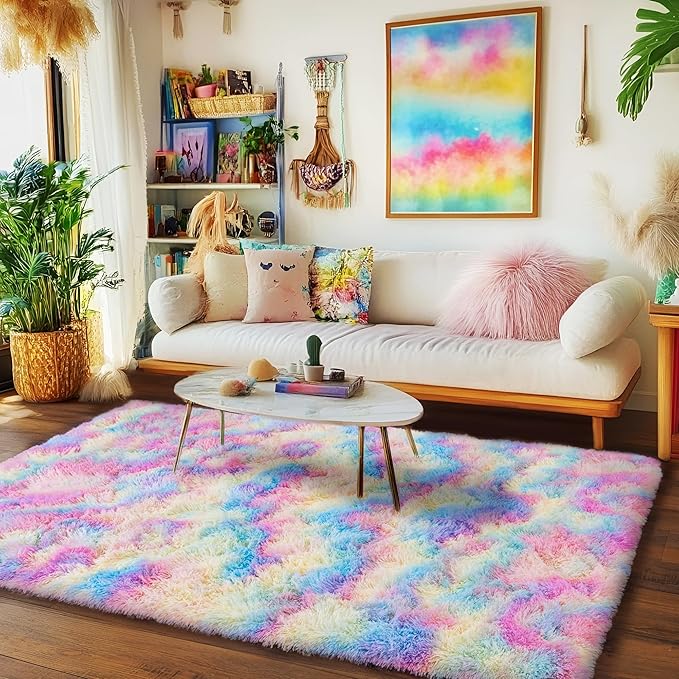 Rainbow Rug for Girls Bedroom, 4x6 Area Rug for Cute Girls Room, Bedside Indoor Floor Fluffy Shag Carpet, Plush Soft Rug for Living Room Nursery Dorm Home Decor