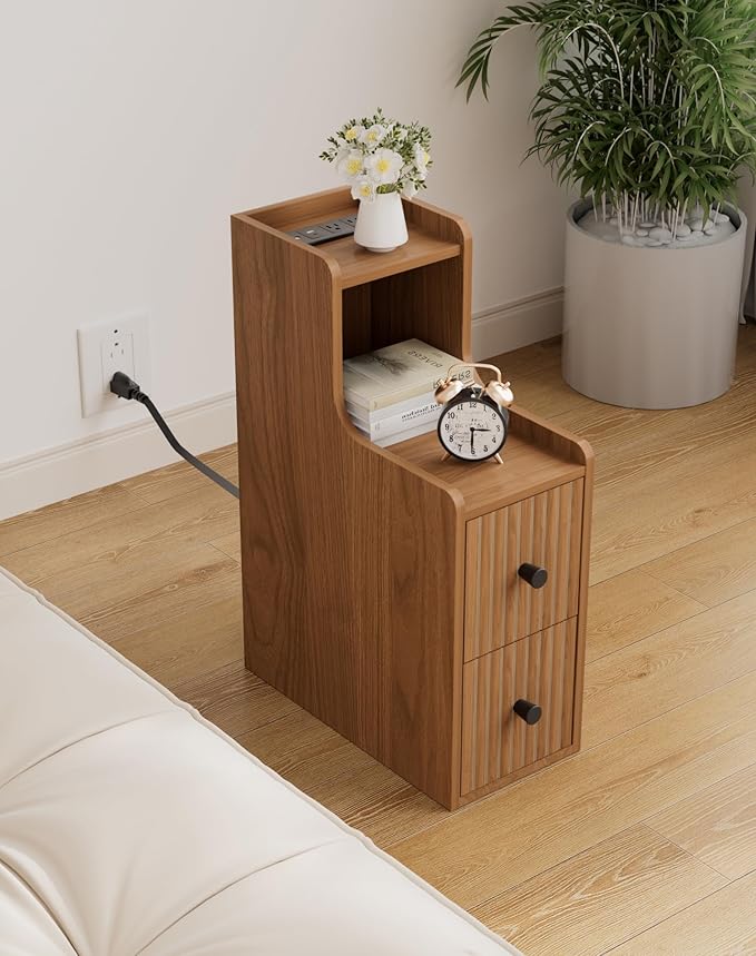 Set of 2 Narrow Side Table with Charging Station, Wooden Slim End Table with Storage, Mid Century Modern Nightstand with Drawers for Living Room, Walnut